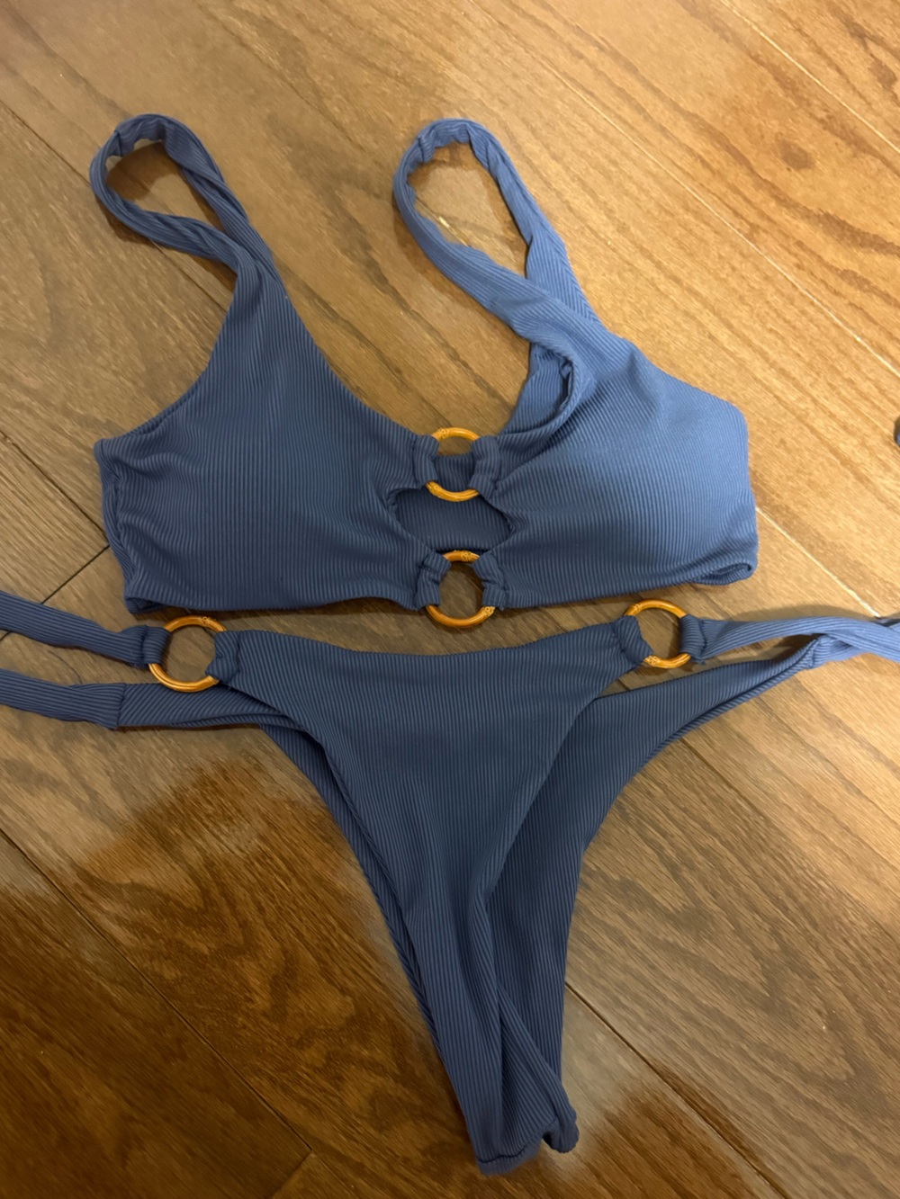 Zaful Blue Ribbed Bikini Set with Gold Ring Accents